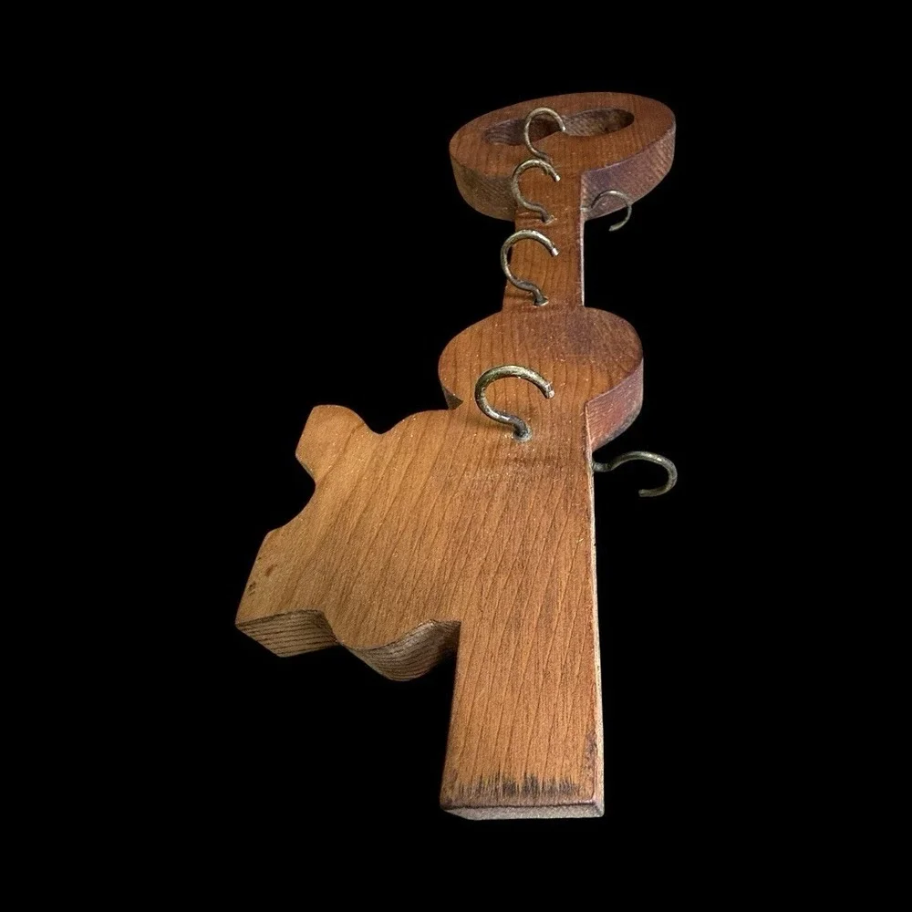 Vintage Handmade Brown Wood Key-Shaped Wall Mounted Hanging Key Hook Holder 14